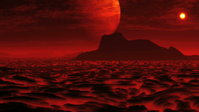 Lava-auf-der-Welt-der-Ausländern-und-einem-riesigen-Mond
