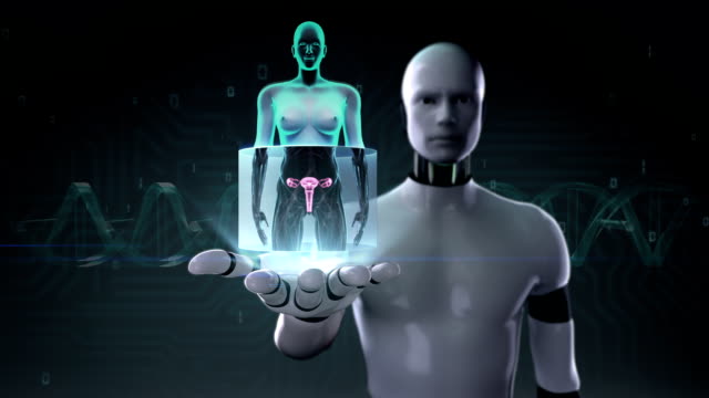 Roboter-öffnen-Palm,-Zoomen-weiblichen-Körper-Gebärmutter,-Röntgenbild-scannen.