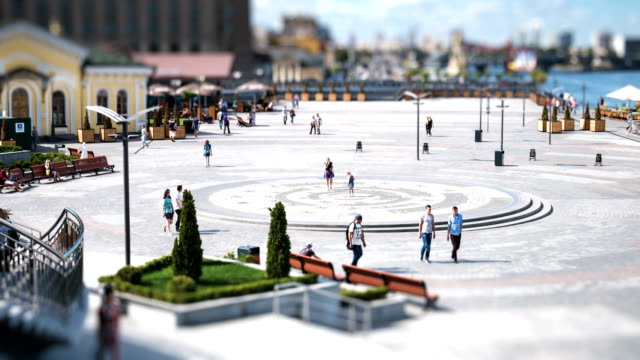 View-of-the-Postal-Square-in-Kiev.-Tourists-are-walking-around.-Time-lapse-with-tilt-shift-effect.