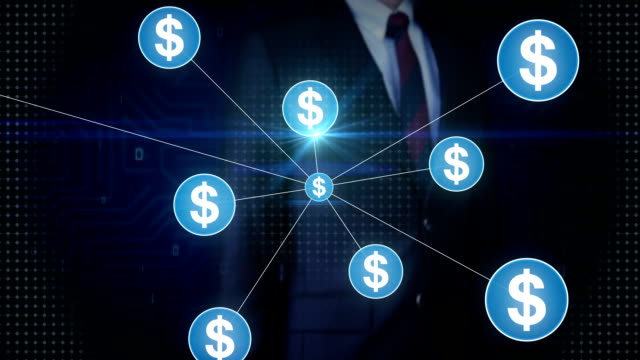 Businessman-touching-Dollar-currency-symbol,-Numerous-dots-gather-to-create-a-Pound-currency-sign,-dots-makes-global-world-map,-internet-of-things.-financial-technology