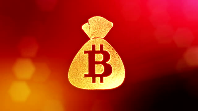 Bitcoin-Logo-auf-der-Tasche.-Finanzkonzept.-Finanzieller-Hintergrund-aus-Glühen-Teilchen-als-Vitrtual-Hologramm.-Glänzende-Schleife-3D-Animation-mit-Tiefe-Feld,-Bokeh-und-Kopie.-Roten-Hintergrund-v1.