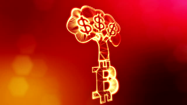 Zeichen-der-Dollar-Baum-wächst-aus-dem-Bitcoin-Logo.-Finanzieller-Hintergrund-aus-Glühen-Teilchen-als-Vitrtual-Hologramm.-Glänzende-Schleife-3D-Animation-mit-Tiefe-Feld,-Bokeh-und-Kopie.-Rote-Farbe-v2