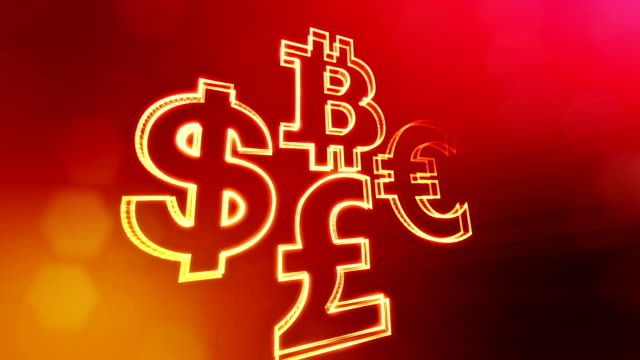 Symbol-Bitcoin-Dollar-Euro-Pfund...-Finanzieller-Hintergrund-aus-Glühen-Teilchen-als-Vitrtual-Hologramm.-Nahtlose-3D-Animation-mit-Tiefe-des-Feldes,-Bokeh-und-Kopie-Raum.-Rote-Farbe-v2
