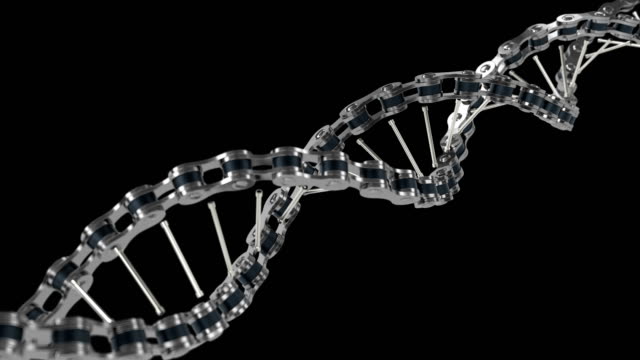 Metal-DNA-chain-rotating-on-screen,-robot,-cyborg,-AI,-futuristic-DNA-concept