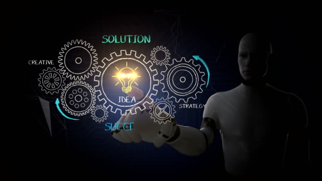 Robot,-cyborg-touching-icon,-Drawing-success,-solution-concept-with-gear-wheel-on-chalkboard,-creative,-strategy.-Animation.-4k-movie