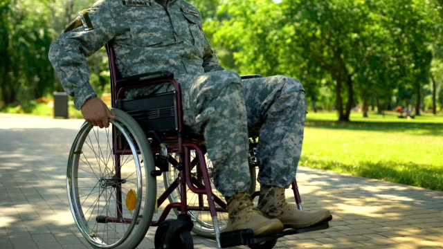 Desactivar-el-veterano-en-silla-de-ruedas-en-el-parque,-servicio-de-rehabilitación,-apoyo-social