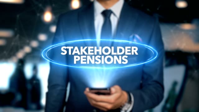 Businessman-With-Mobile-Phone-Opens-Hologram-HUD-Interface-and-Touches-Word---STAKEHOLDER-PENSIONS