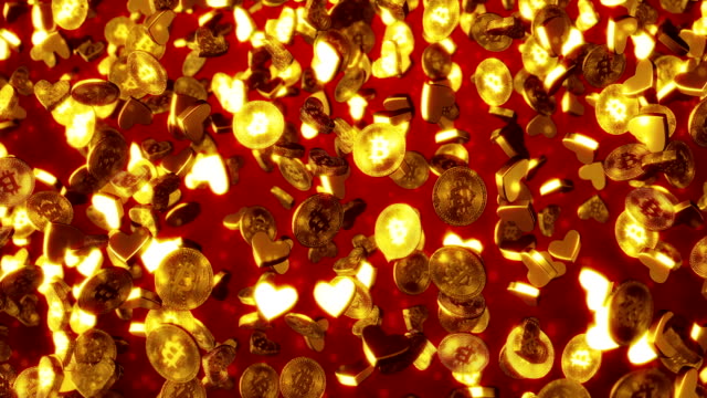 Cryptocurrency-concepto-de-Moneda-Virtual---moneda-Bitcoin-oro-con-corazones-de-fondo.-Render-3D