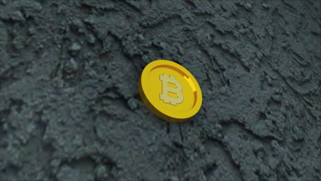 Bit-coin-is-on-concrete-surface,-it-is-symbol-of-electronic-virtual-money-and-mining-cryptocurrency-concept,-3d-render