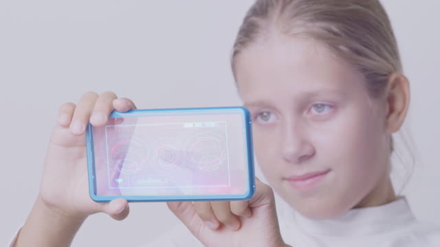 Girl-press-on-futuristic-user-interface-concept-transparent-screen.