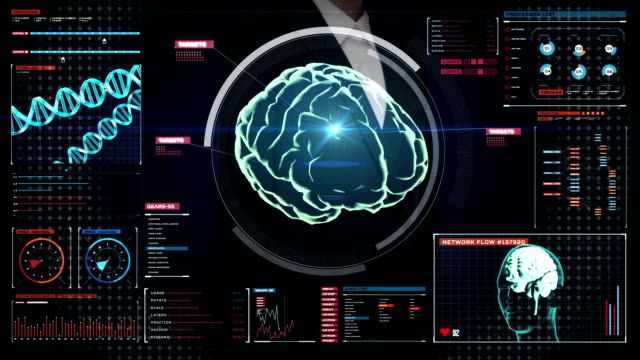 Businesswoman-touching-digital-screen,-Scanning-Brain.cerebrum.