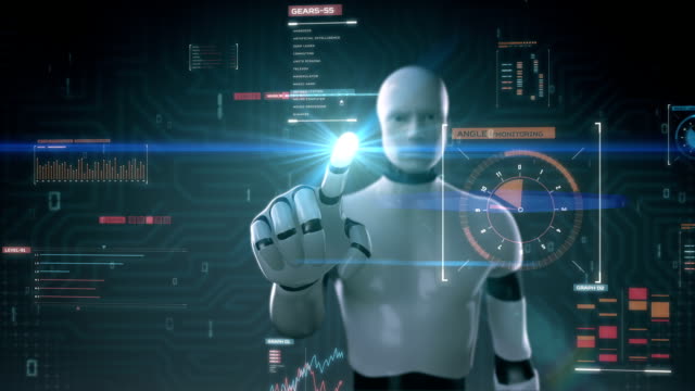 Robot-tocando-el-interfaz-de-usuario,-pantalla-digital,-cultivar-la-inteligencia-artificial