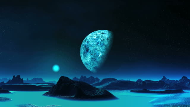 Luna-azul-subida-en-un-planeta-alienígena