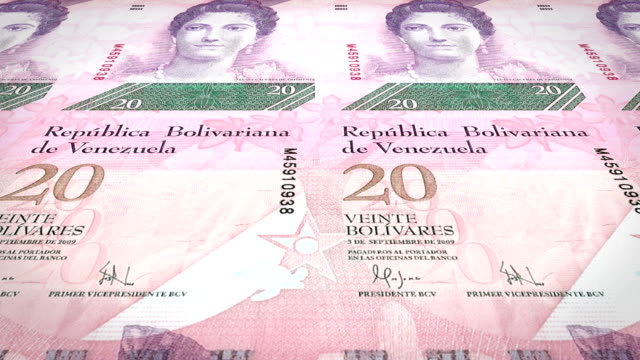 Banknoten-der-zwanzig-venezolanische-Bolivar-Rollen-auf-dem-Bildschirm,-Bargeld,-Schleife