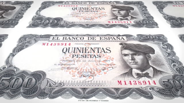 Billetes-de-500-pesetas-españolas-del-Banco-de-España-rodando-en-pantalla,-monedas-del-mundo,-dinero-en-efectivo,-bucle