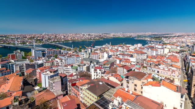 Der-Blick-vom-Galata-Turm-auf-Galata-Brücke-Timelapse-Goldenes-Horn,-Istanbul,-Türkei