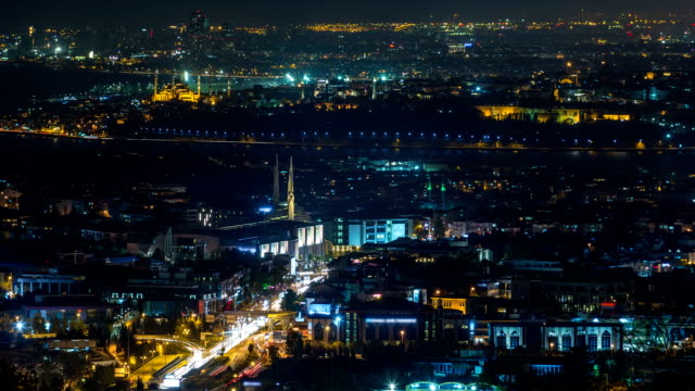 Istanbul-classical-night-skyline-scenery-timelapse,-view-over-Bosporus-channel