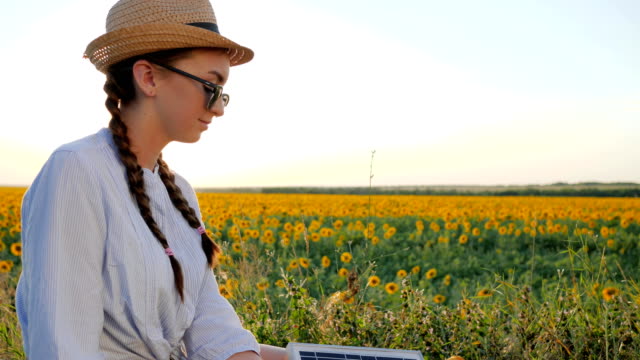 female-with-cellphone-and-battery,-girl-using-mobile-and-solar-panel-communicates-in-social-network-on-background-field