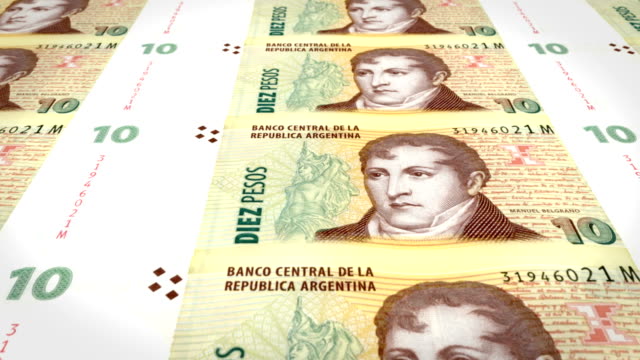 Banknotes-of-ten-argentine-pesos-of-Argentine-Republic,-cash-money,-loop