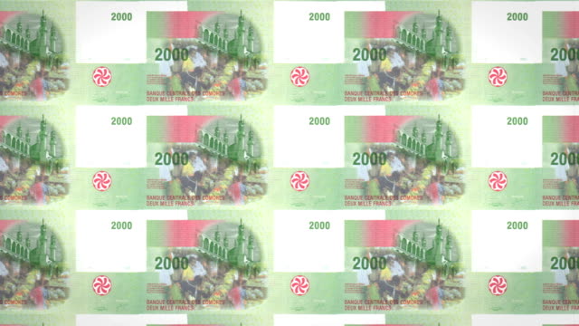 Billetes-de-2-mil-francos-comorano-de-Comoras,-dinero-en-efectivo,-lazo