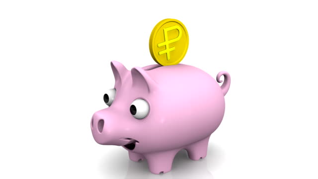 The-coin-with-the-symbol-of-the-Russian-ruble-falls-into-the-piggy-bank
