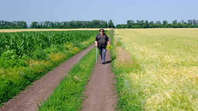 Fat-senior-man-with-bunch-of-wild-flowers-walking-on-a-country-road