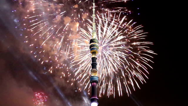 Fireworks-over-the-Television-(Ostankino)-tower,-Moscow,-Russia