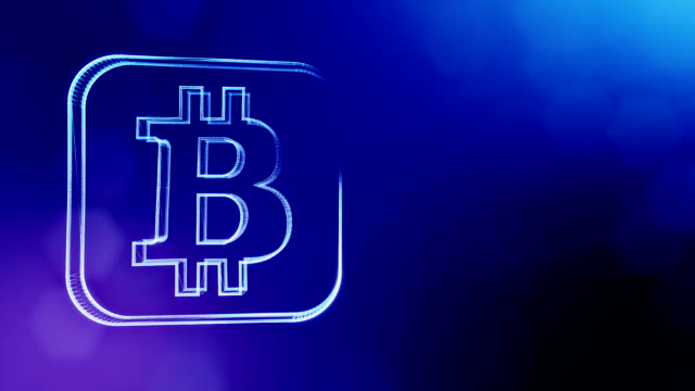 Bitcoin-digital-Symbol.-Finanzieller-Hintergrund-aus-Glühen-Teilchen-als-Vitrtual-Hologramm.-Glänzende-Schleife-3D-Animation-mit-Tiefe-Feld,-Bokeh-und-Kopie.-Blauer-Hintergrund-1