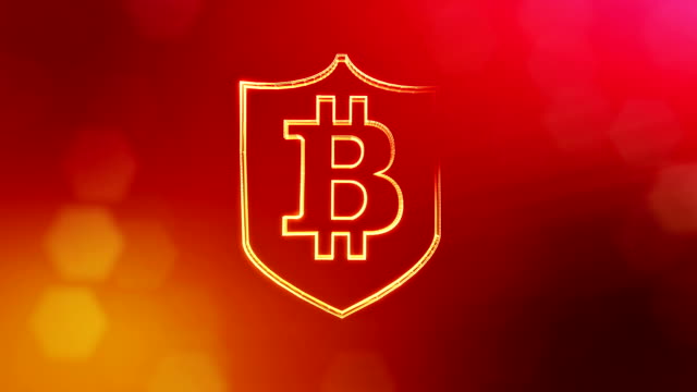 Bitcoin-Logo-in-den-Schild.-Finanzieller-Hintergrund-aus-Glühen-Teilchen-als-Vitrtual-Hologramm.-Glänzende-nahtlose-3D-Animation-mit-Tiefe-des-Feldes,-Bokeh-und-Kopie-Raum...-Roten-Hintergrund-v1