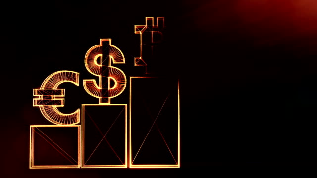Anzeichen-von-Bitcoin-Dollar-und-Euro-auf-Spalten.-Finanzieller-Hintergrund-aus-Glühen-Teilchen-als-Vitrtual-Hologramm.-Glänzende-Schleife-3D-Animation-mit-Tiefe-Feld,-Bokeh-und-Kopie.-Dunklen-Hintergrund-1.