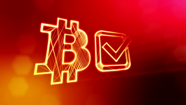 Logo-Bitcoin-und-Häkchen-in-der-Box.-Finanzieller-Hintergrund-aus-Glühen-Teilchen-als-Vitrtual-Hologramm.-Glänzende-Schleife-3D-Animation-mit-Tiefe-Feld,-Bokeh-und-Kopie...-Roten-Hintergrund-v1