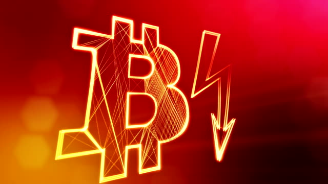 bitcoin-icon-and-lightning-bolts.-Financial-background-made-of-glow-particles-as-vitrtual-hologram.-Shiny-3D-seamless-animation-with-depth-of-field,-bokeh-and-copy-space.-Red-background-v1