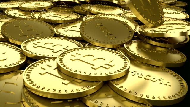 Monedas-de-oro-con-el-símbolo-de-la-moneda-cifrado-digital-de-bitcoin-y-la-inscripción-Bitcoin-caen-en-una-pila,-render-3d