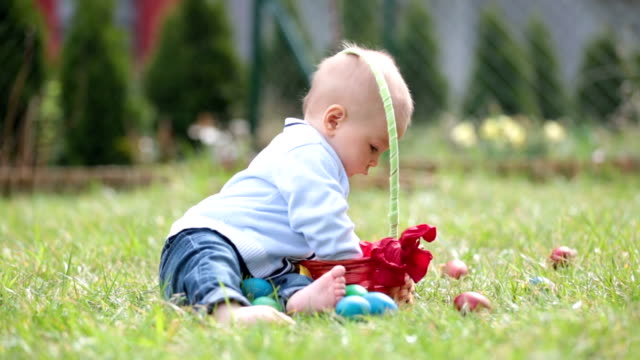 Cute-little-baby-boy,-child-playing-little-bunny-in-park,-outdoors