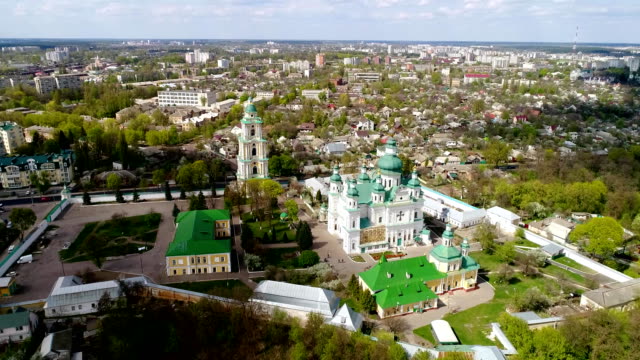 Aerial-view-at-the-town-from-the-top-of-the-highest-buildings-in-Chernigov---Troitsko-Ilyinsky-Monastery-bell-tower.