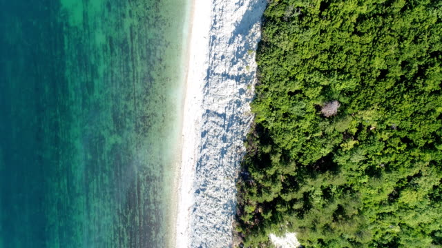 Fotografía-aérea,-azul-mar-y-verde-bosque.-Piedra-de-mar.
