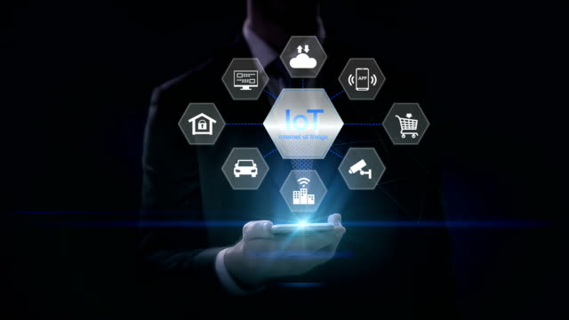 Businessman-slide-IoT-hexagon-icon,-Home-security,-cctv,-smart-city,-mobile-app,-car,-internet-of-thing.-4K-movie.