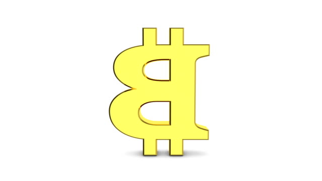 Goldene-Bitcoin-Sign.-Zyklische-Animation-von-einem-rotierenden-goldenen-Schild-Bitcoin-auf-weißem-Hintergrund.-Alpha-Kanal