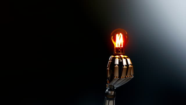 Cyborg-hand-gives-light-bulb-to-viewer,-symbol-of-creation-idea-by-artificial-intelligence.-Abstract-dark-background,-60-fps-animation