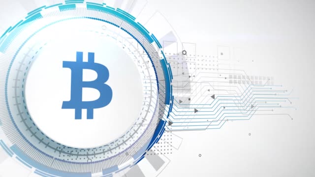 Bitcoin-Kryptowährung-Symbol-Animation-weiße-digitale-Elemente-Technik-Hintergrund