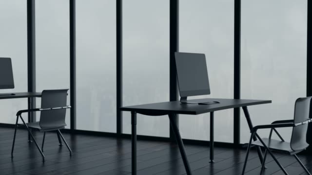 Leeres-Büro-mit-großen-Fenstern.-Looped-Animation-in-Ultra-HD,-4k