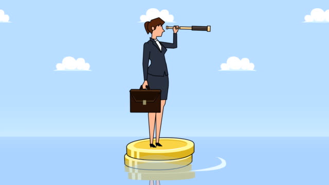 Flat-cartoon-businesswoman-character-with-case-bag-and-looks-through-spyglass-floating-on-dollar-coins-animation