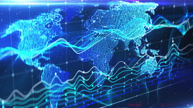 Blaue-Weltkarte-Hintergrund,-Finanznachrichten-Bericht-Intro,-Börse,-Grafiken