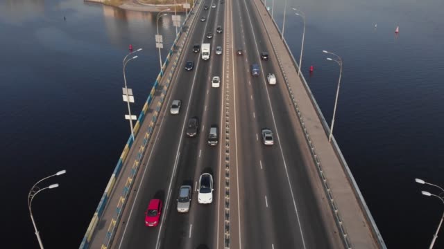 Bridge-highway-cars-traffic-aerial-high-angle-shot-in-Kyiv-Ukraine
