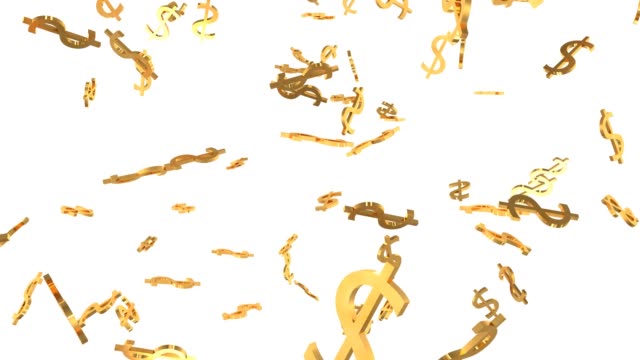 Glänzende-Golden-Dollar-Zeichen-fallen-in-Zeitlupe-3D-Animation---4K-nahtlose-Loop-Motion-Hintergrund-Animation