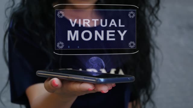 Frau-zeigt-HUD-Hologramm-Virtuelles-Geld