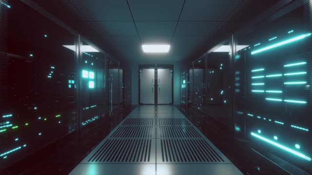 Endless-flight-along-server-blocks.-Data-center-and-internet.-Server-rooms-with-working-flickering-panels-behind-the-glass.-Technology-corridor.-Seamless-loop-3d-render