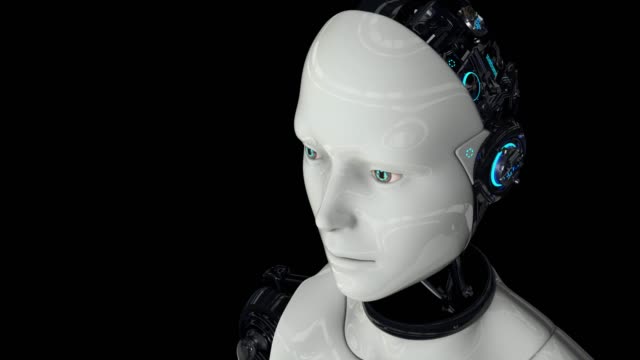 The-humanoid-robot-is-active.-Artificial-intelligence.-The-camera-moves-away.-4K.-3D-animation.-On-a-black-background.