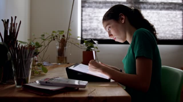 Teenage-girl-drawing-using-a-tablet-computer-and-an-electronic-pen
