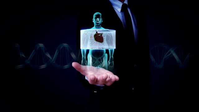 Businessman-open-palm,-body-scanning-heart.-Human-cardiovascular-system.